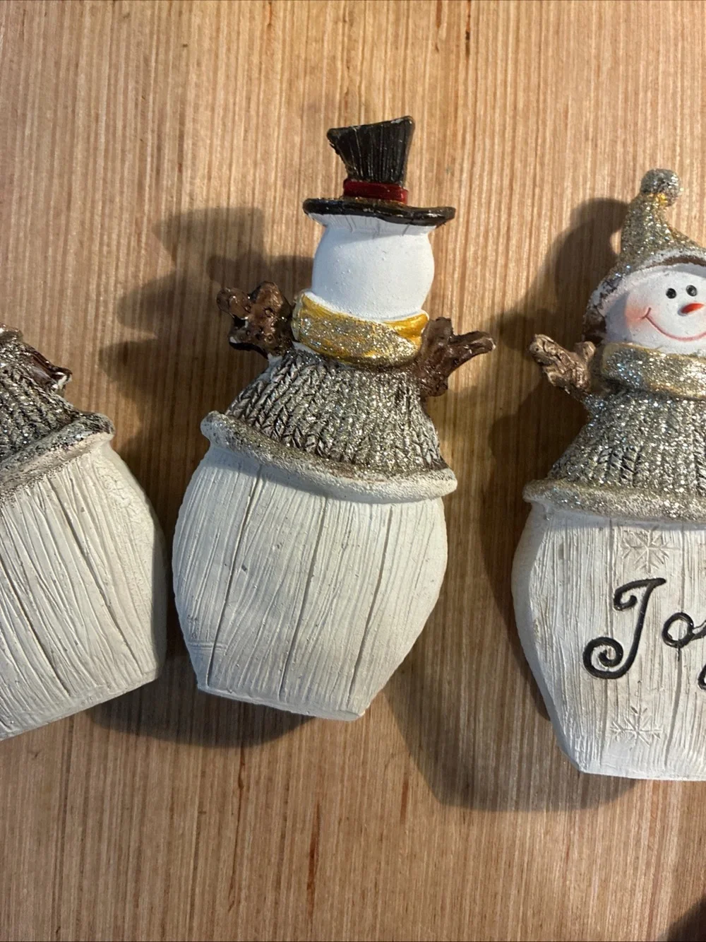 Faith Peace Joy Snowman Ornaments - White and Gold Holiday Decor Wood